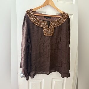 Lafayette 148 brown linen beaded neck line long sleeve plus size 20